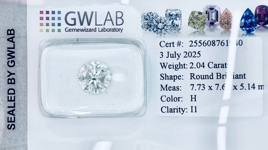 1 pcs 钻石  (天然)  - 2.04 ct - 圆形 - H - I1 内含一级 - Gemewizard宝石实验室（GWLab） - 自然的 #3.2