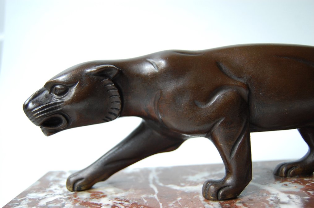 Jean - Baptiste Hugues - Γλυπτό, sluipende panter - Art Deco - 40 cm - Χαλκός και μάρμαρο - 1925 #4.3