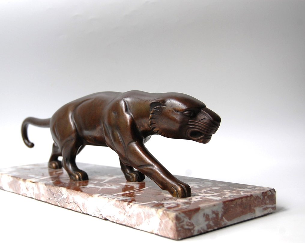 Jean - Baptiste Hugues - Γλυπτό, sluipende panter - Art Deco - 40 cm - Χαλκός και μάρμαρο - 1925 #1.0