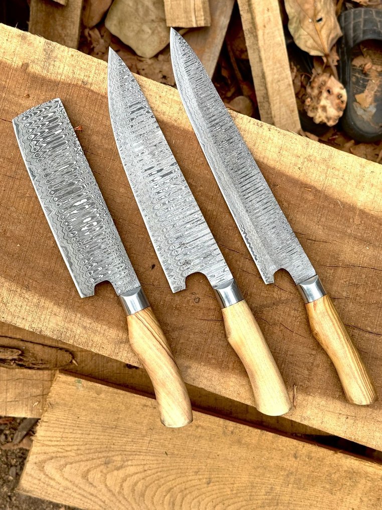 厨刀 -  厨房刀具 - 专业厨师刀具套装 5件 大马士革锻造刀 白蜡木柄 - 木头 - 亚洲 #3.2