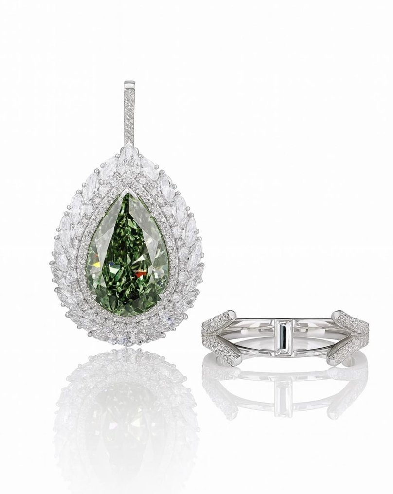 Ring - 14 kt. White gold - 12.94ct. tw. Green Diamond (Fancy coloured lab-grown diamond) - Diamond #1.0