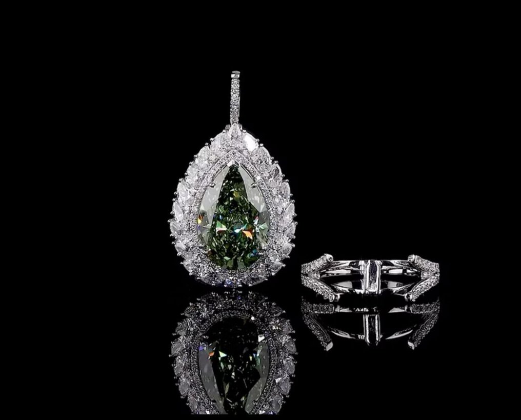 Ring - 14 kt. White gold - 12.94ct. tw. Green Diamond (Fancy coloured lab-grown diamond) - Diamond #2.1