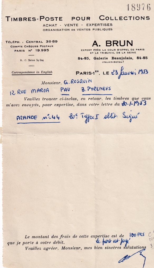 Francia 1870 - Certificato Brun, Bordeaux 20cts tipo I rapporto 1 - Yvert n°44A #2.1