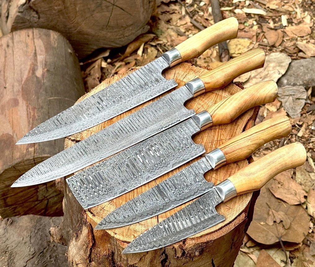厨刀 -  厨房刀具 - 专业厨师刀具套装 5件 大马士革锻造刀 白蜡木柄 - 木头 - 亚洲 #2.1