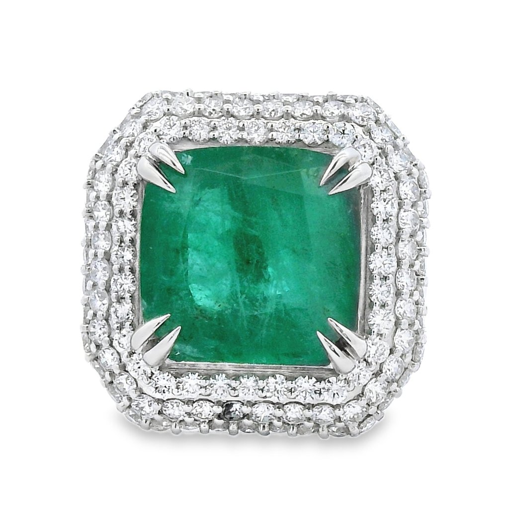 Ring - 14 karaat Witgoud - 7.76ct. tw. Smaragd - Diamant #1.0