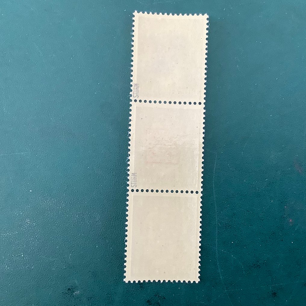 Germania - aree postali locali 1945 - Wurzen: 6 Pf in striscia di tre con rosso, blu e sigillo senza stampa - approvato monofaccia Sturm - Michel 5 #4.3