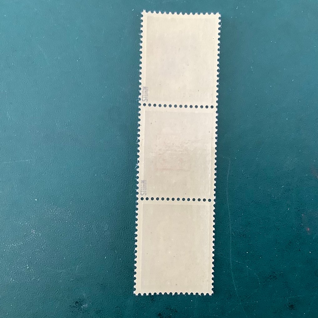 Germania - aree postali locali 1945 - Wurzen: 6 Pf in striscia di tre con rosso, blu e sigillo senza stampa - approvato monofaccia Sturm - Michel 5 #2.1