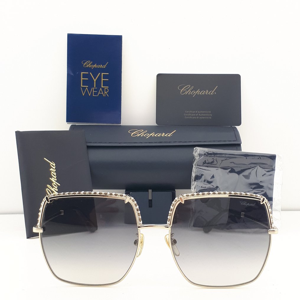 Chopard - Square Gold Tone Metal Ornated with Swarovski Crystals "FULL SET" - Gafas de sol #1.0