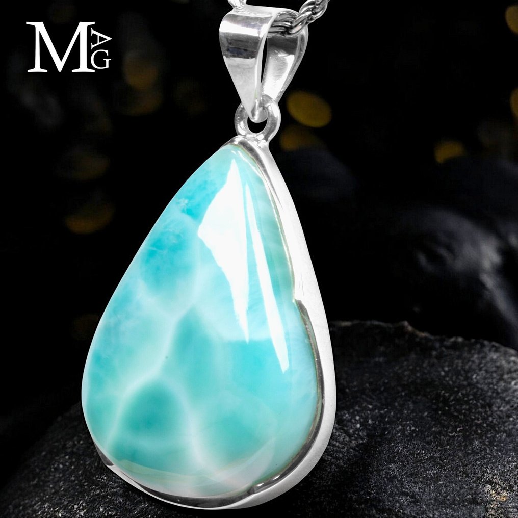 Ασημένιο μενταγιόν Larimar - «Πέτρα των Δελφινιών» ή «Πέτρα της Ατλαντίδας» - Πρώτης ποιότητας - Ύψος: 47.5 mm - Πλάτος: 27 mm- 15 g #2.1