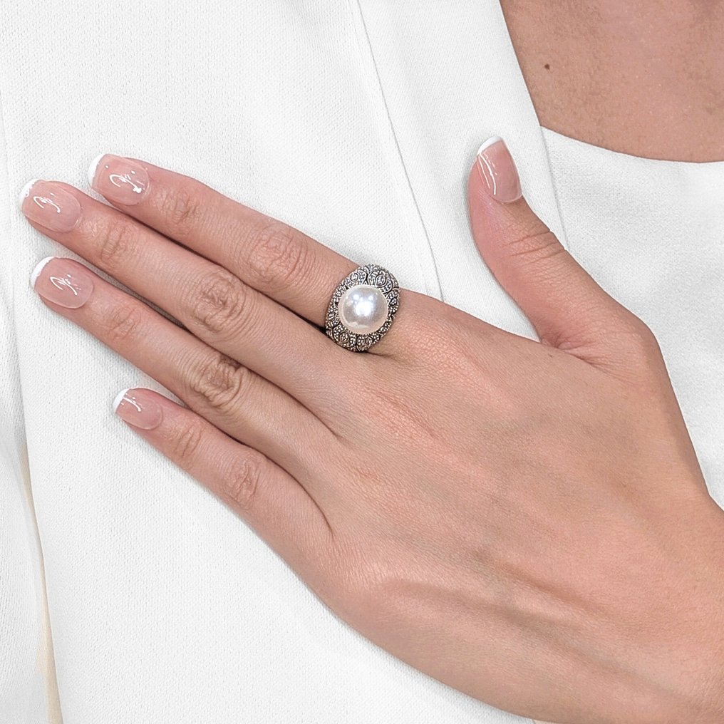 戒指 - 18 克拉 白金 - 0.36ct. tw. 珍珠 - 鉆石 #1.0