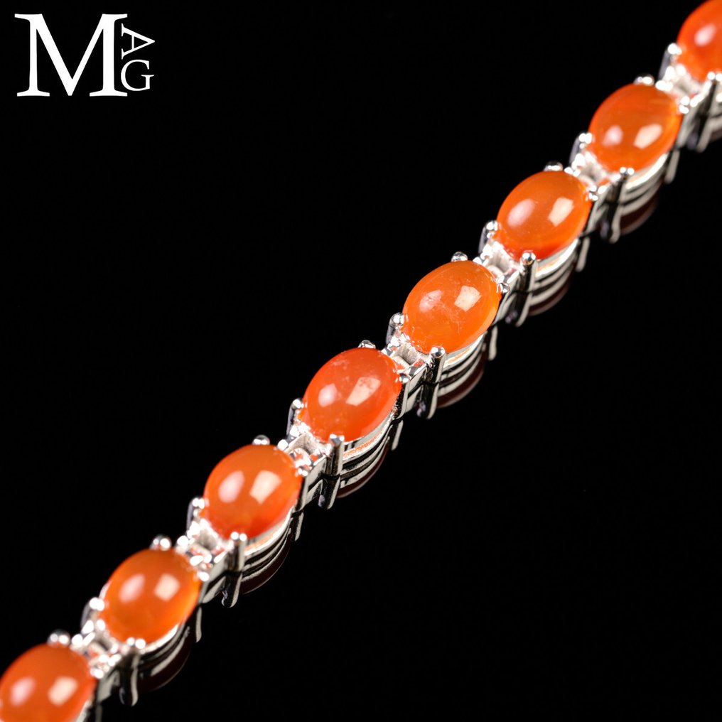 Silver Bracelet with Natural Carnelian - Altezza: 195 mm - Larghezza: 6.2 mm- 10 g #3.2