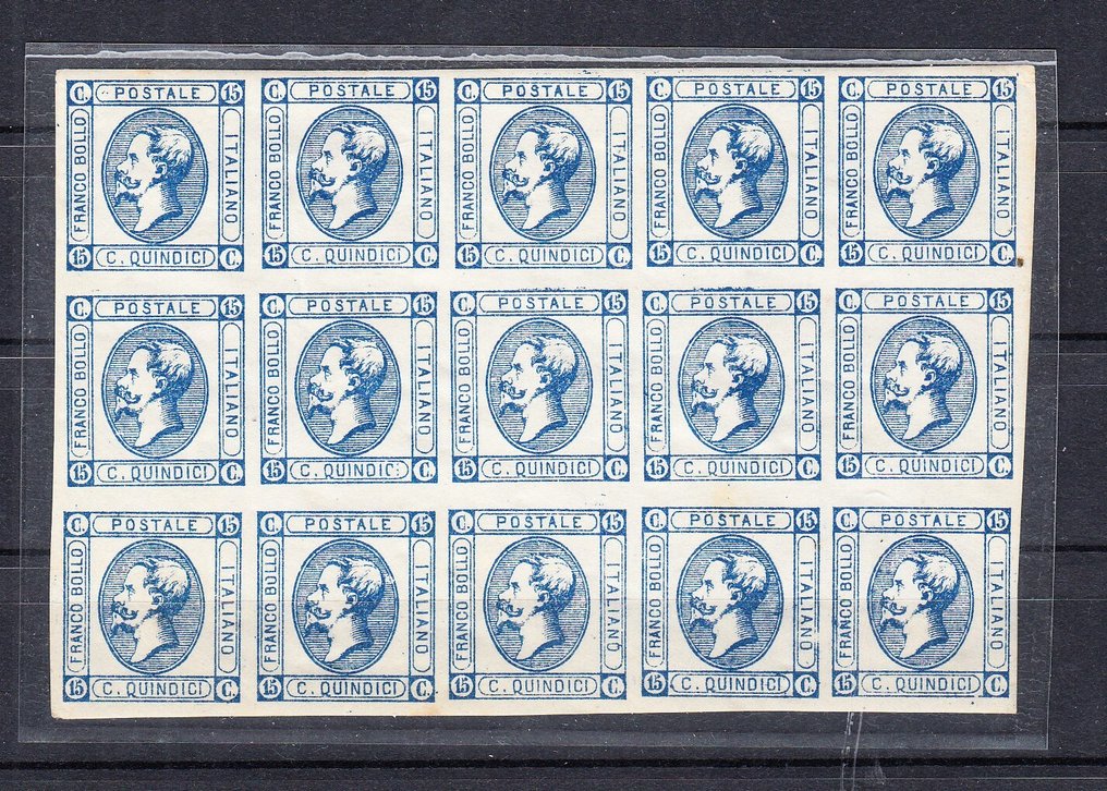 Olasz Királyság 1863 - 15 centesimi litográfiai második típus blokk 15 mnh és 2 mh - Sassone 13 #1.0
