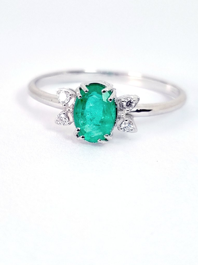 Ring - 18 karaat Witgoud Smaragd - Diamant #1.0