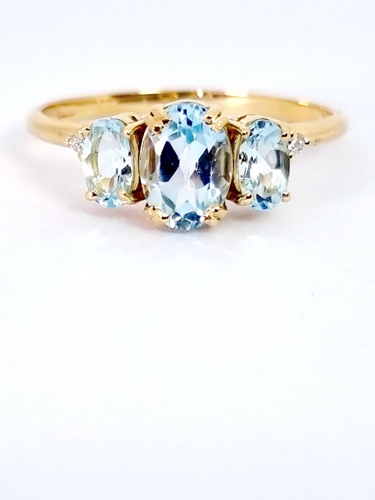 戒指 - 18K包金 黄金 海蓝宝石 - 钻石 #2.1