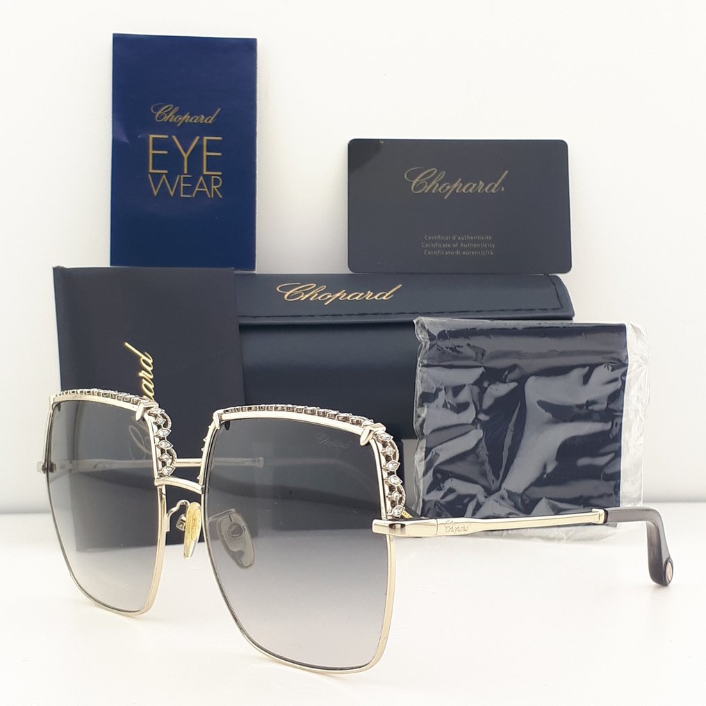 Chopard - Square Gold Tone Metal Ornated with Swarovski Crystals "FULL SET" - Gafas de sol #1.0