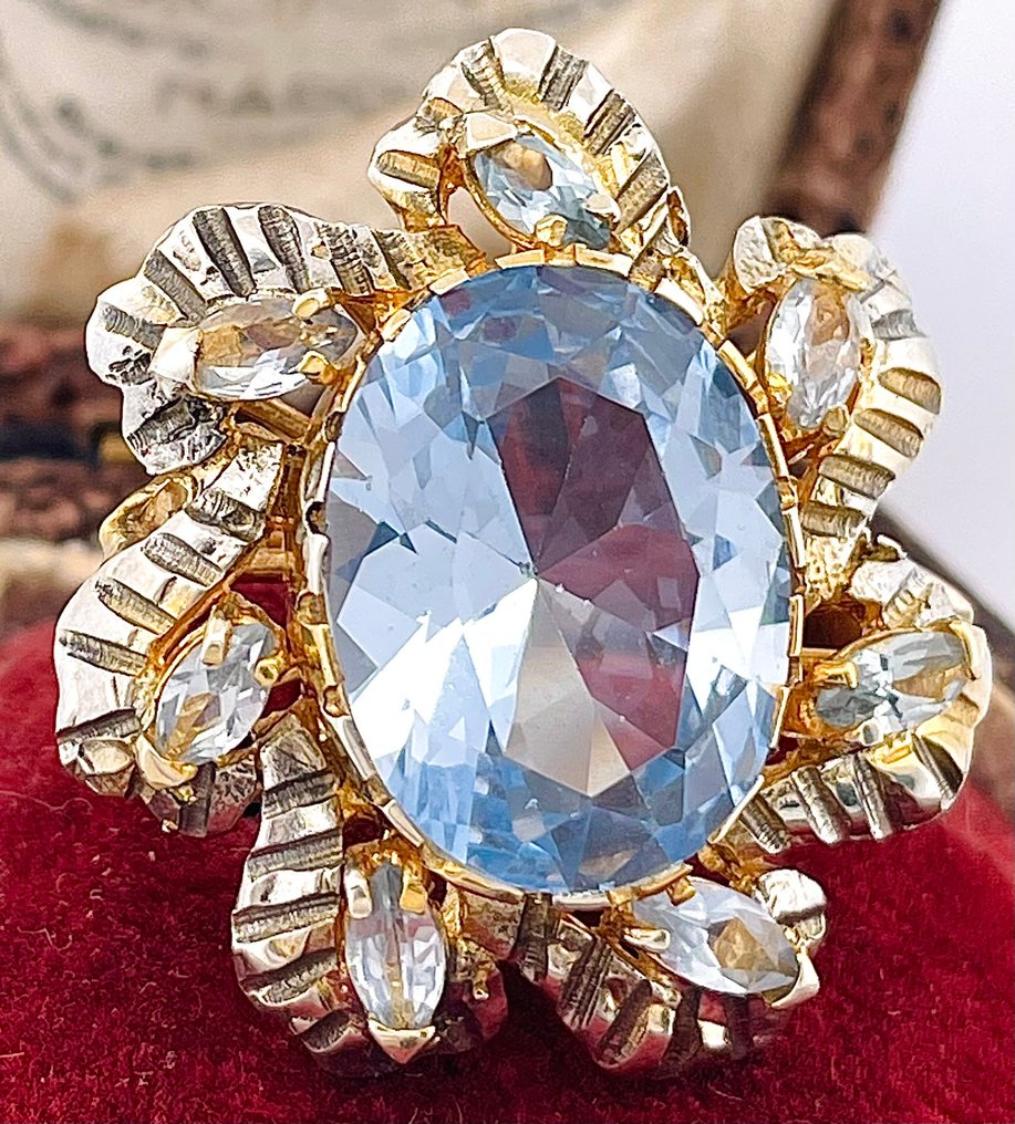 Ingen mindstepris - Ring - 9 kt. Gulguld, Sølv Akvamarin - Akvamarin #4.3