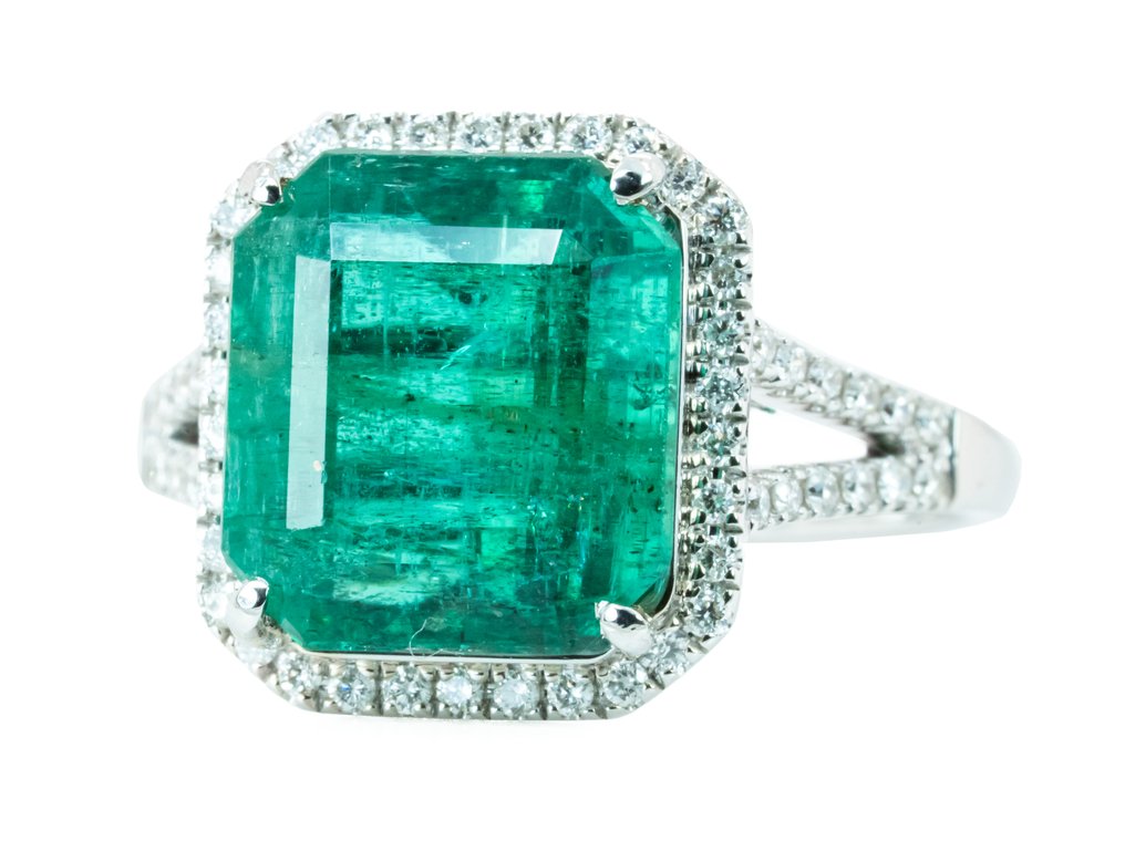 Zonder Minimumprijs - Ring - 14 karaat Witgoud, Groen (Zambia) - 5.86ct. tw. Smaragd - Diamant - 0,30 ct - SI #1.0