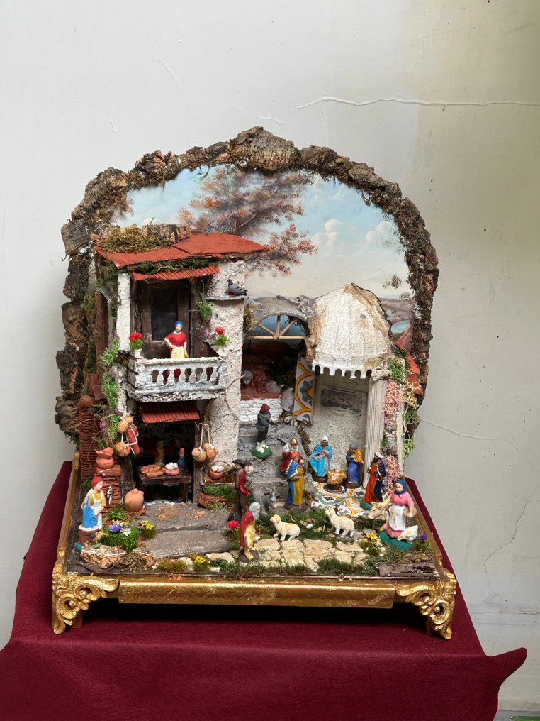 耶稣诞生图 Borgo napoletano - presepe artistico in miniatura - san gregorio armeno - interamente fatto a mano - 木, 陶器, 石头 #1.0