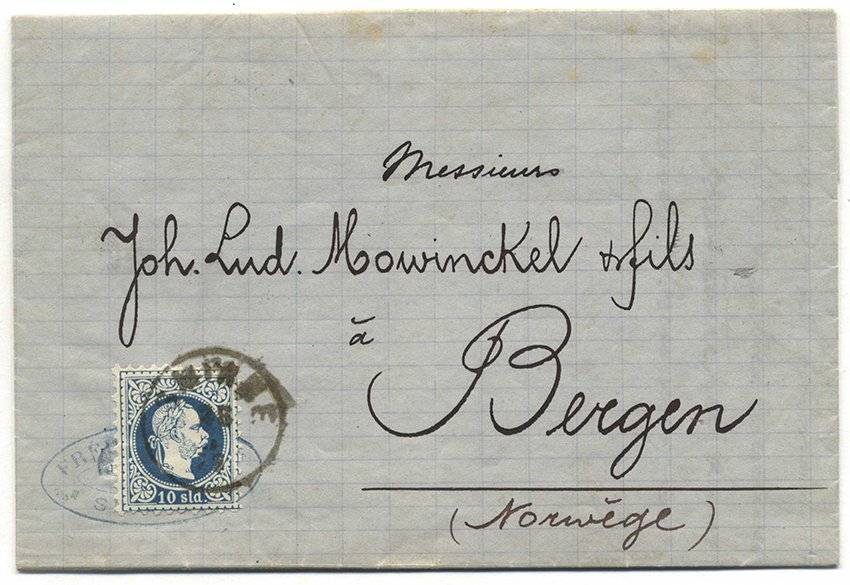 Λεβάντε (Αυστριακά Ταχυδρομεία)  - Αυστριακό Ταχυδρομείο στη Λεβάντε, 1877, Σμύρνη – Μπέργκεν (Νορβηγία), κάθετη σφράγιση σε μονό 10 #1.0