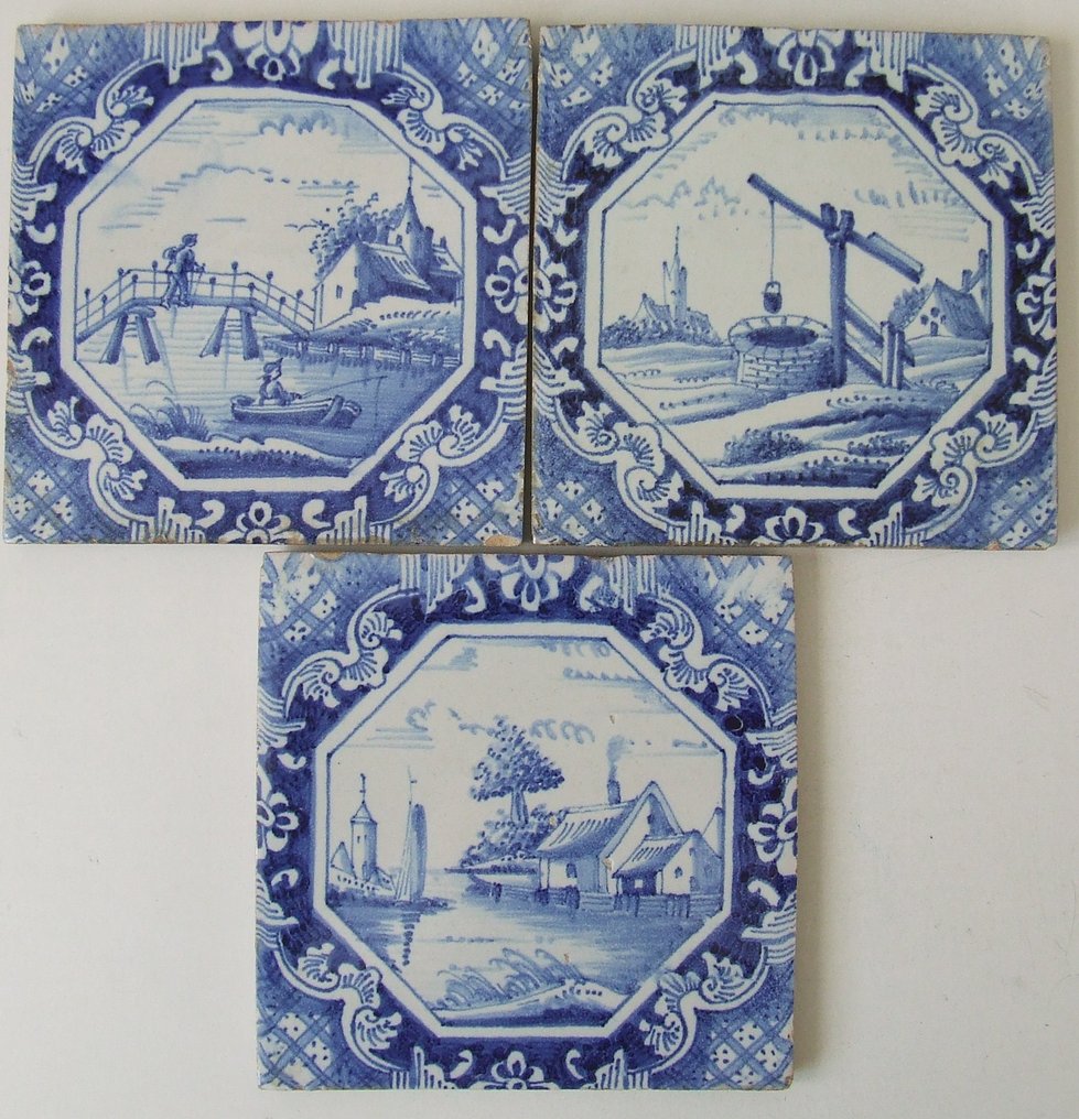 Tile - Three landscape scenes in an octagonal format, including a fisherman among other elements. - 1800-1850 #1.0