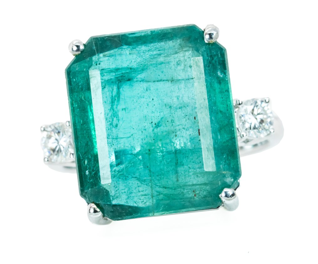 Zonder minimumprijs - Ring - 14 karaat Witgoud, Groen (Zambia) - 12.32ct. tw. Smaragd - Diamant - 0,27ct -SI #1.0