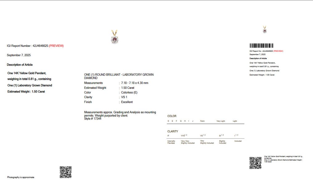 χωρίς τιμή ασφαλείας - Κρεμαστό κόσμημα - 14 καράτια Κίτρινο χρυσό - 1.50ct. tw. Διαμάντι (Εργαστηριακής καλλιέργειας) - Πιστοποίηση E VS1 IGI #1.0