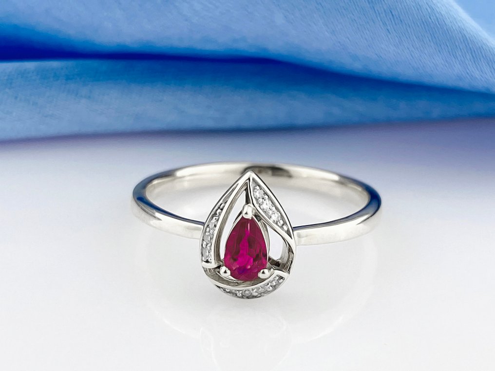 戒指 - 14K包金 白金 -  0.28ct. tw. 红宝石 - 钻石 #1.0