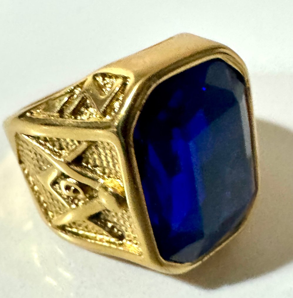 Bikers 24 Kt gold plated Ring with the symbol " Square and compass " and Sapphire Crystal Mason - Ring #3.2
