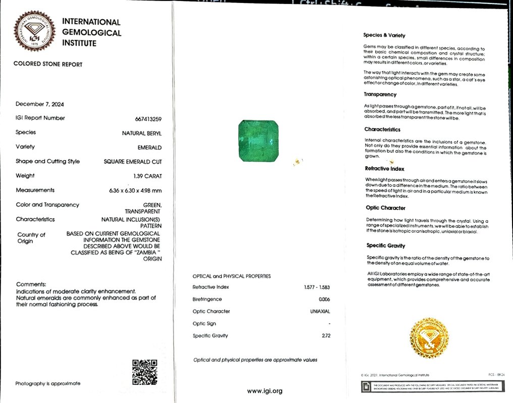 Zonder minimumprijs Smaragd - 1.39 ct - International Gemological Institute (IGI) #2.1