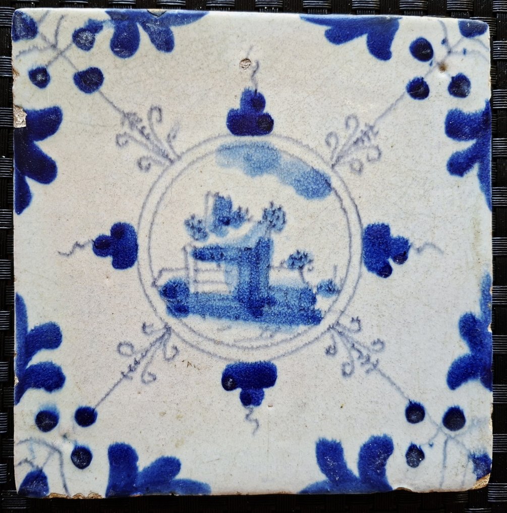  瓷磚 - 古董荷兰陶瓷砖，带有城堡或教堂，所谓的中国园林。 - 1600-1650  #2.1