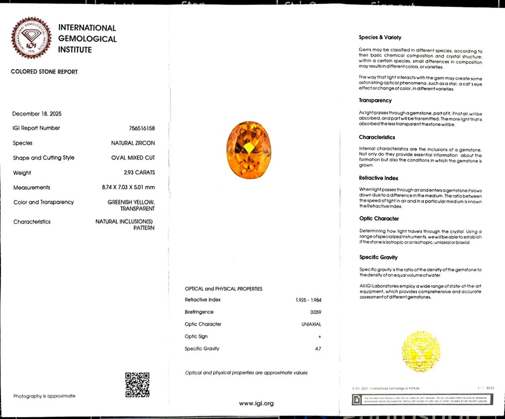 Senza prezzo di riserva Zircone  - 2.93 ct - International Gemological Institute (IGI) #2.1