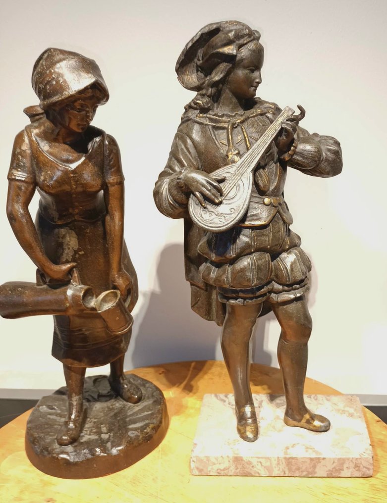 Posąg, Florentijnse Mandoline Speler en Dame - 33 cm - Marmur, Cynk w bloczkach #1.0