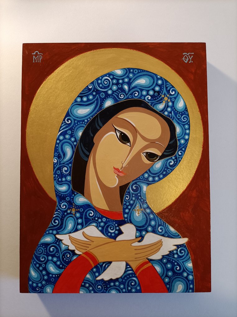 Ikon - Pneumatofor, Guds Moder - Lind - Handmålad - 18 x 24 cm #1.0