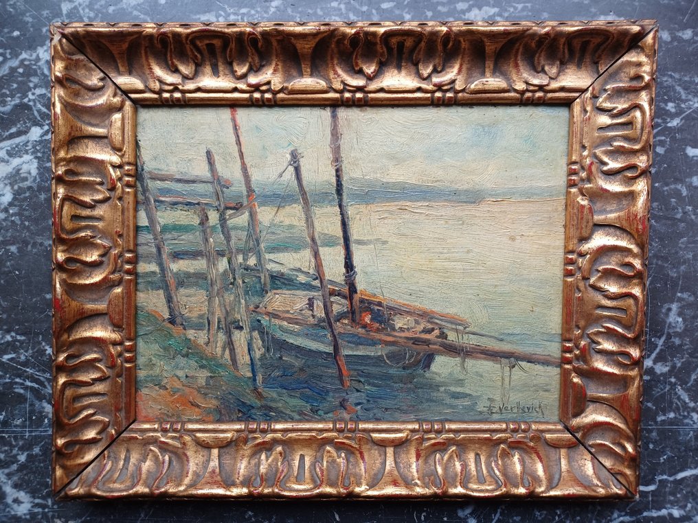 Firmin Verhevick (1874-1962) - Visserssloep in de haven #3.2