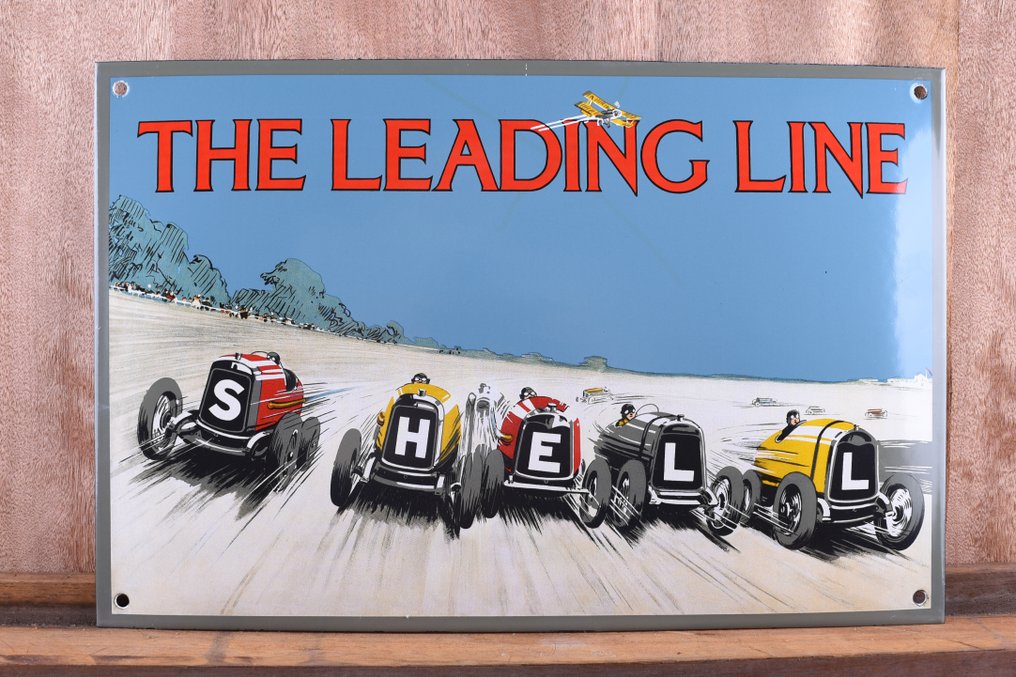 Sign - Shell - Enamel sign "THE LEADING LINE"; 400mm; warehouse; Shell petroleum promo sign - 1990 #1.0