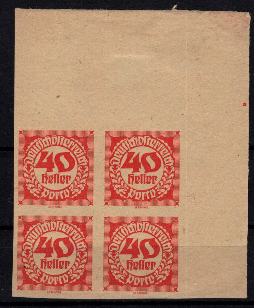 奥地利  - 奥地利 1919年，邮资票编号81 PU，黄色试印纸上的试印，角边四连张，面值。 #1.0