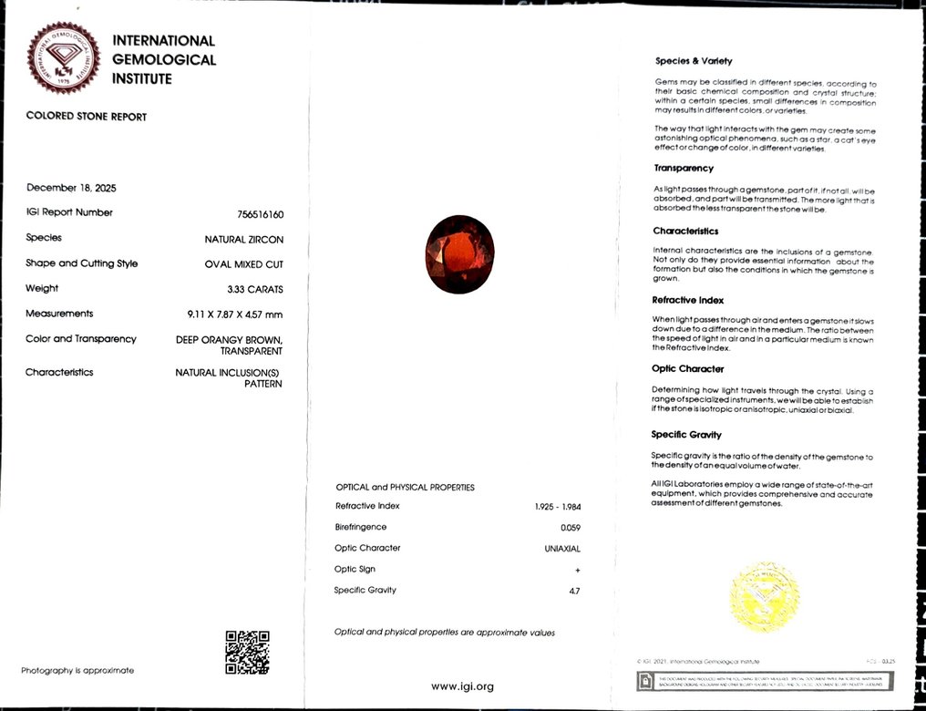 沒有保留價 鋯石  - 3.33 ct - 國際寶石學院（International Gemological Institute (IGI)） #2.1
