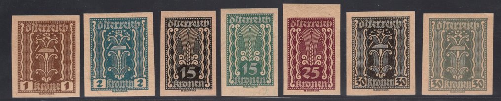 Itävalta  - Itävalta 1922, seitsemän rei'ittämätöntä todistusta alkuperäisissä väreissä ja mustina painoksina, #1.0