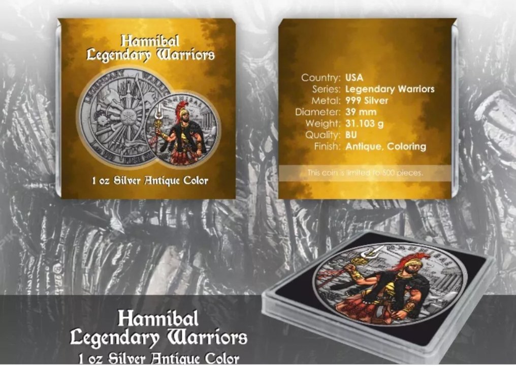 Mondo. Silver medal ND Legendary Warriors - Habnibal - Antique Finish, 1 Oz (.999)  (Senza prezzo di riserva) #2.1