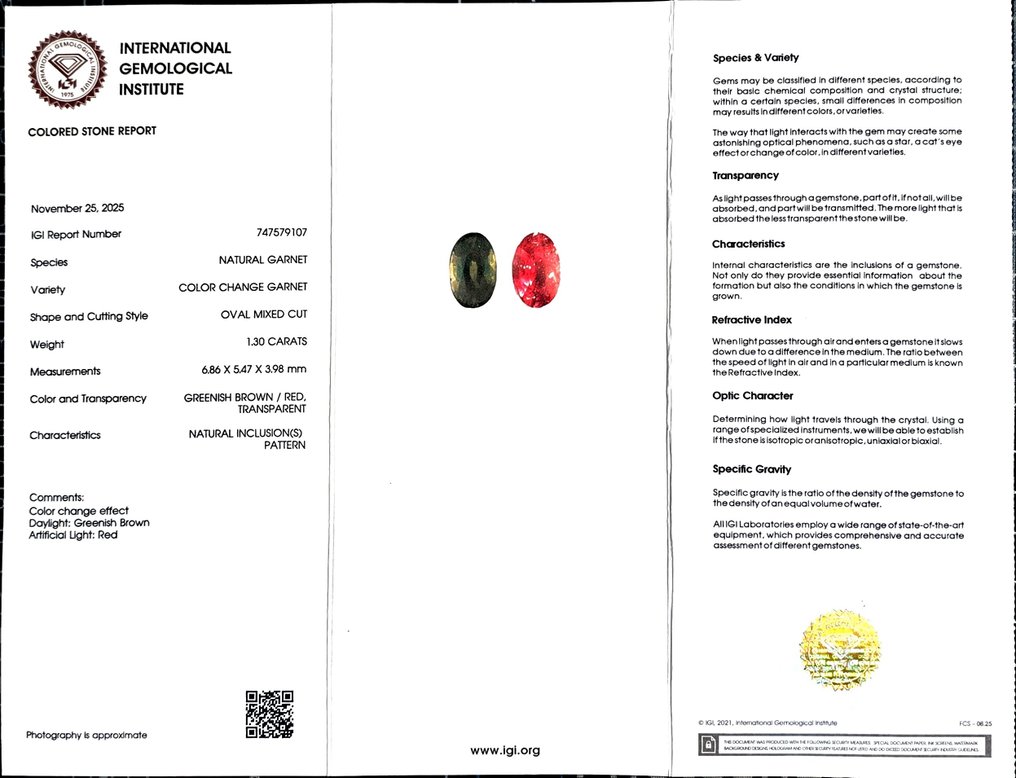 Bez ceny minimalnej
 Granat  - 1.30 ct - International Gemological Institute (IGI) - Zmiana koloru #2.1