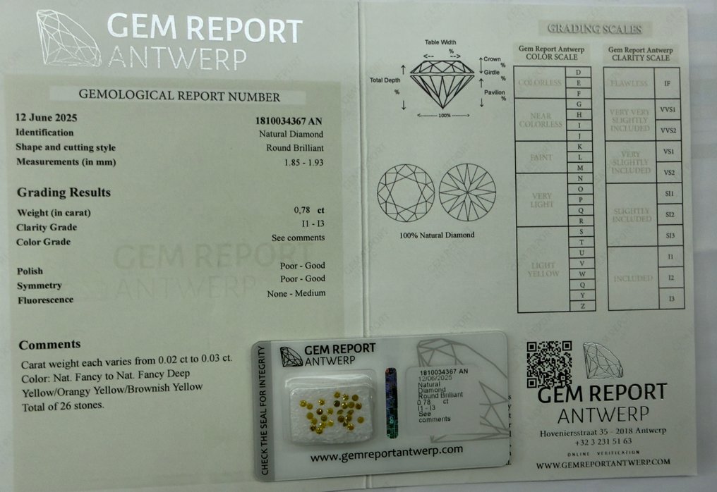 26 pcs Diamant  (Natural)  - 0.78 ct - Rund - Ej specificerat i labbrapport - Gem Report Antwerpen (GRA) #4.3