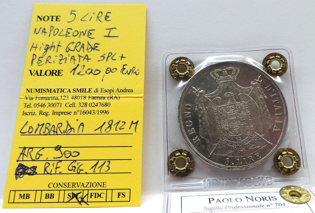 意大利， 王国 （拿破仑） 拿破仑一世 (1804-1814). 5 Lire 1812 "M" zecca Milano (hight grade) periziata  (没有保留价) #2.1