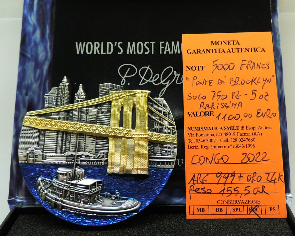 Κονγκό. 5000 Francs 5 Once argento puro e dettagli in oro 24 k , rarissima solo 750 pz  (χωρίς τιμή ασφαλείας) #1.0