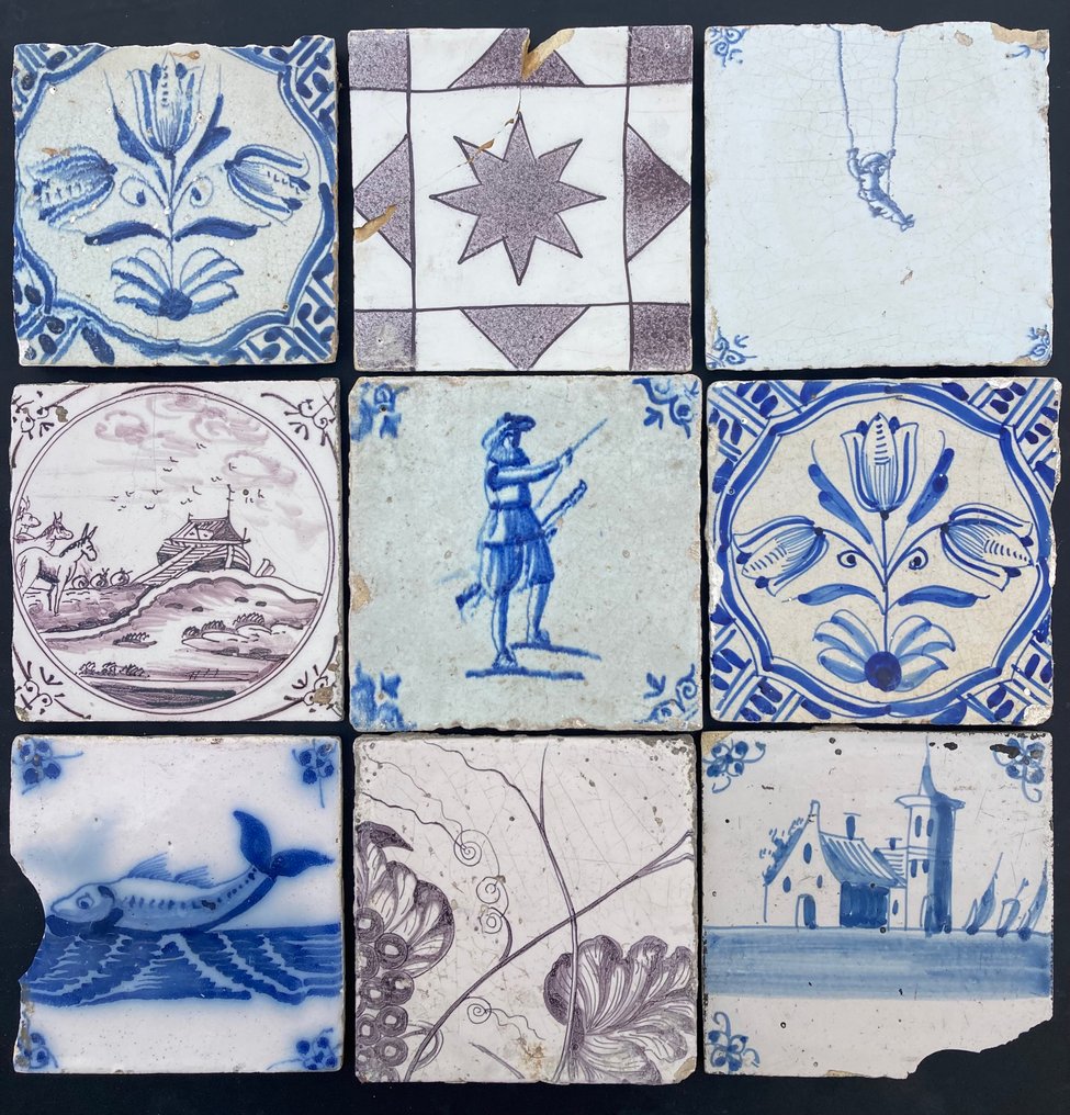  Πλακάκι - Αρχαία πλακάκια με μεγάλο ψάρι, στρατιώτης με μπαρούτη, κάστρο, παιχνίδια για παιδιά. - 1600-1650  #1.0