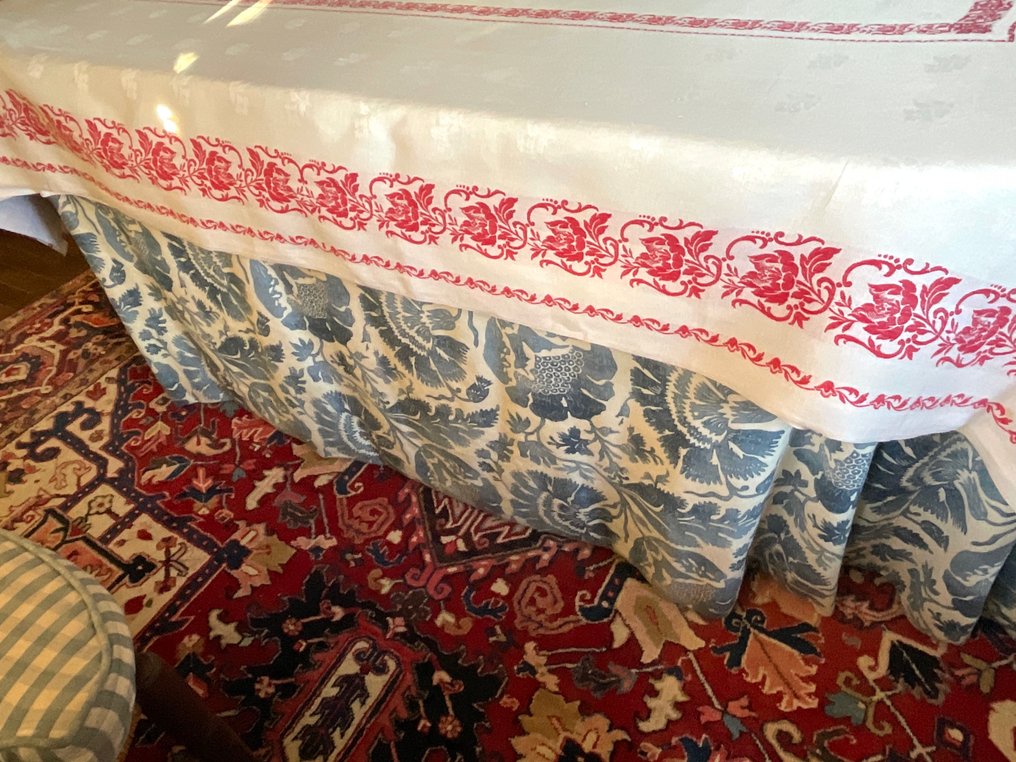 Damasco de seda e linho do início do século XX, toalha de mesa jacquard com bordas vermelhas sangue - Toalha de mesa  - 2.4 m - 1.35 m #4.3