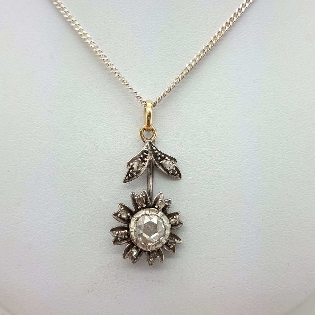 Naszyjnik z wisiorkiem - 14-karatowe Srebro, Żółte złoto -  0.80ct. tw. Diament (Naturalny)  - Antiek #1.0