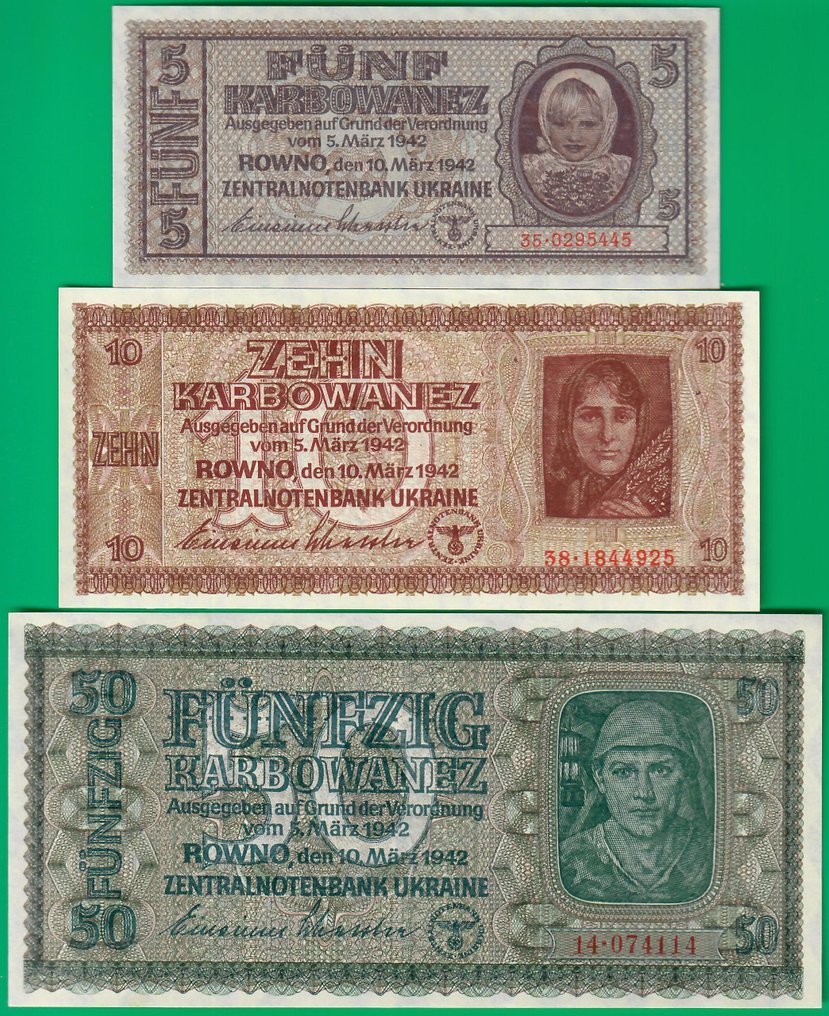 Ukraina. - 5, 10, 50, 100, 200 Karbovanets 1942 - Pick 51, 52, 54, 55 and 56 #1.0