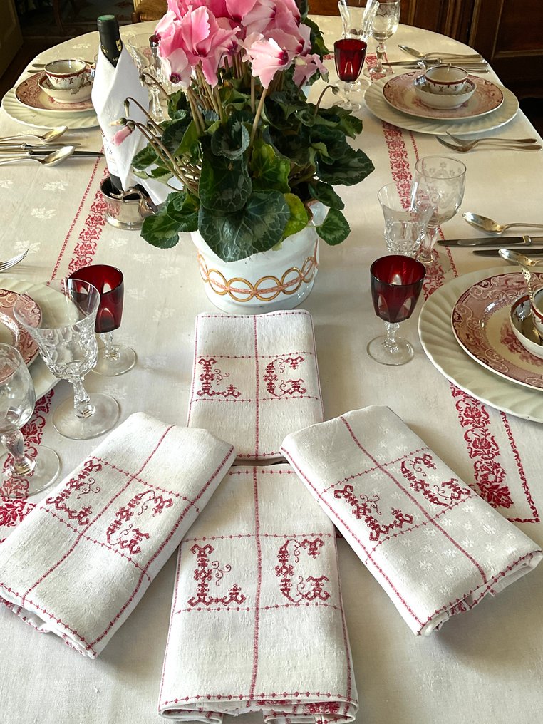 4 linnen servetten uit de vroege 20e eeuw met initialen L.C. - Servet - 70 cm - 80 cm #1.0