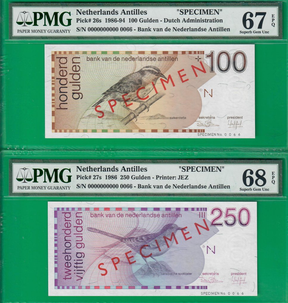 Antille olandesi. 10, 25, 100 and 250 gulden 1986 specimens - 23s, 24s, 26s & 27s #3.2