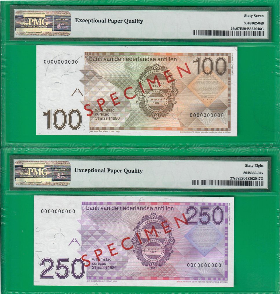 Antille olandesi. 10, 25, 100 and 250 gulden 1986 specimens - 23s, 24s, 26s & 27s #4.3